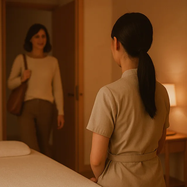 A Thanks Spa therapist welcoming a guest into a treatment room