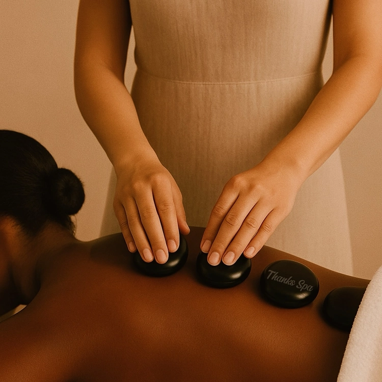 Smooth heated stones prepared for massage